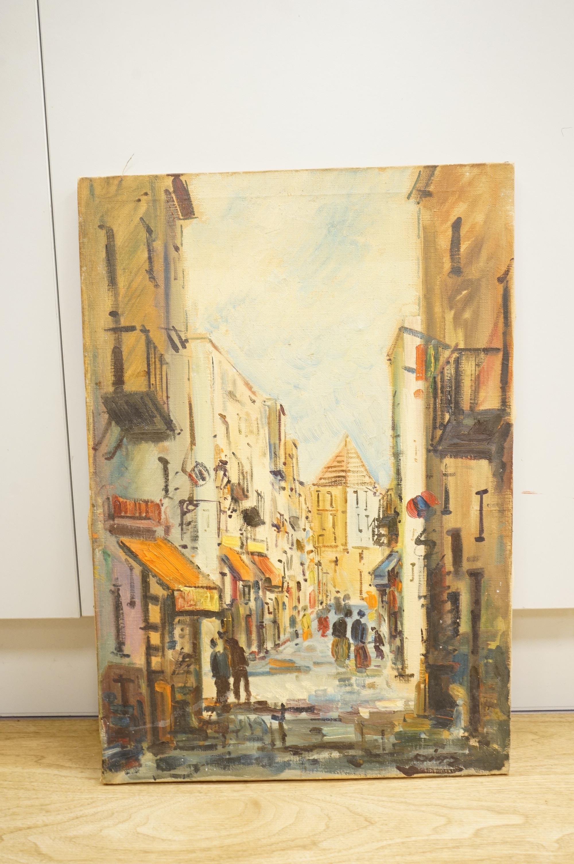 Diaz, Street scenes, each signed, three oils on canvas, unframed, largest 55 x 38cm